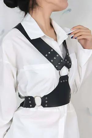 Black faux leather studded chest harness with silver O-ring detail
