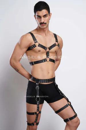 Black Faux Leather Full Body Harness with O-Ring Straps Adjustable