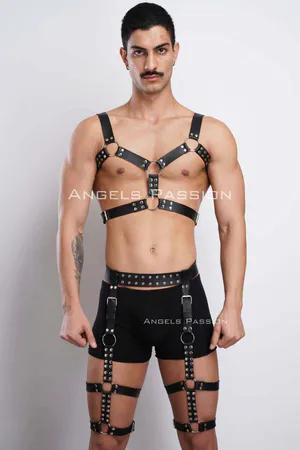 Black Faux Leather Full Body Harness with O-Ring Straps Adjustable