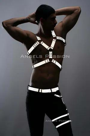 Reflective chest and leg harness set silver straps