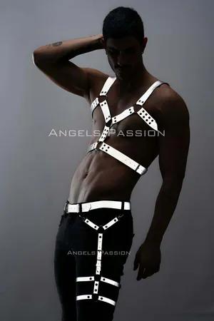 Reflective chest and leg harness set silver straps