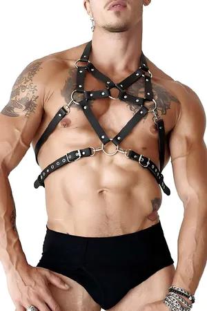 Black Faux Leather Pentagram Chest Harness Men Adjustable Straps Rivets