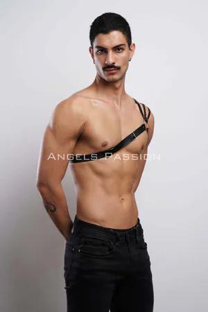 Black faux leather single strap chest harness with O-ring detail
