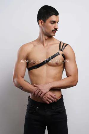 Black faux leather single strap chest harness with O-ring detail