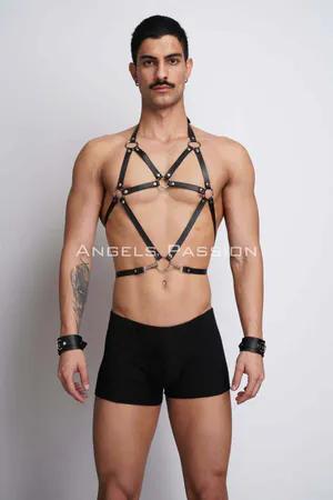 Black Faux Leather Adjustable Body Harness with O-Ring Straps