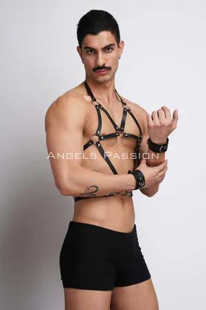 Black Faux Leather Adjustable Body Harness with O-Ring Straps