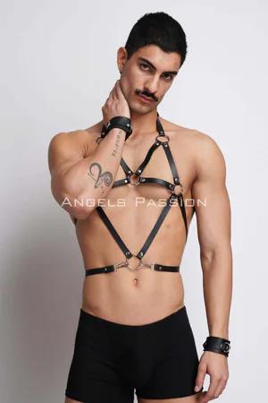 Black Faux Leather Adjustable Body Harness with O-Ring Straps