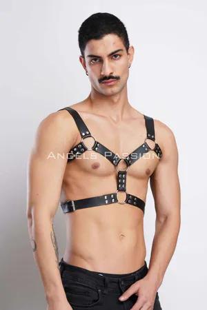 Black Studded Faux Leather Chest Harness with O-Rings