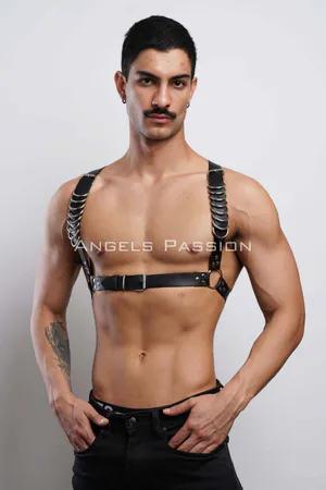 Black faux leather chest harness with silver rings and adjustable straps