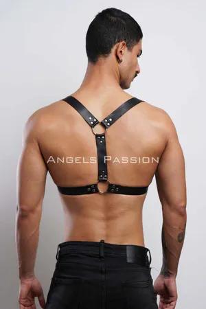 Black faux leather chest harness with silver rings and adjustable straps