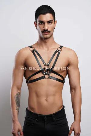Black Faux Leather Strappy Chest Harness with Silver O-Rings
