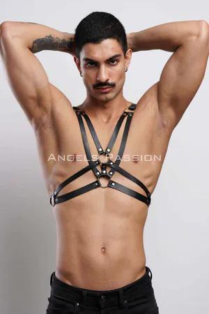 Black Faux Leather Strappy Chest Harness with Silver O-Rings