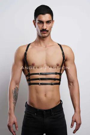 Black Faux Leather Strappy Chest Harness with Buckles Adjustable