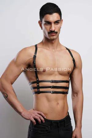 Black Faux Leather Strappy Chest Harness with Buckles Adjustable