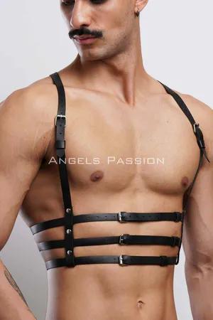 Black Faux Leather Strappy Chest Harness with Buckles Adjustable