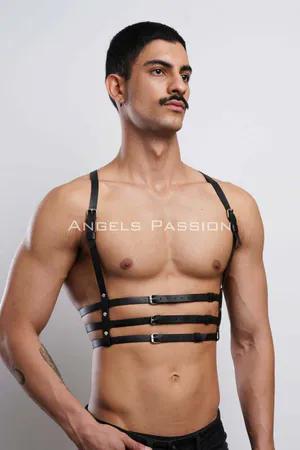 Black Faux Leather Strappy Chest Harness with Buckles Adjustable