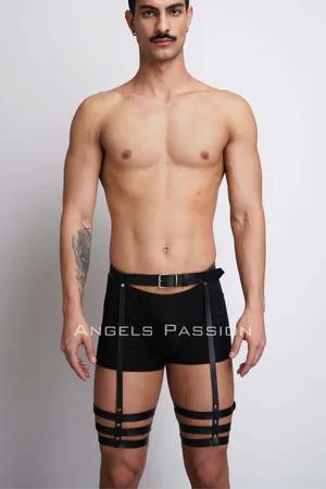 Black faux leather adjustable leg harness with triple strap detail