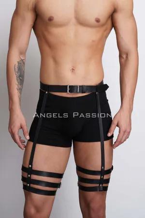 Black faux leather adjustable leg harness with triple strap detail
