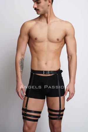 Black faux leather adjustable leg harness with triple strap detail