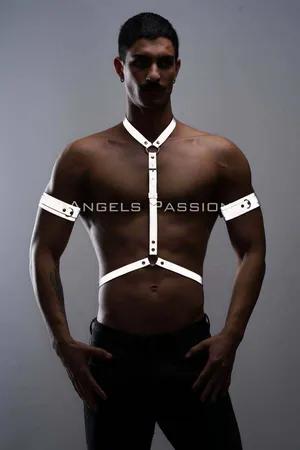 Reflective chest harness and armbands set on a male model