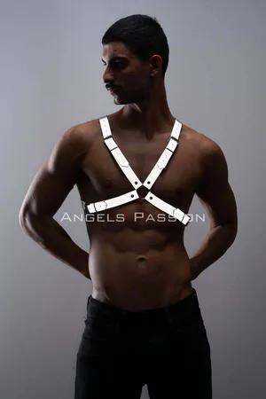Reflective chest harness with adjustable straps worn by a man