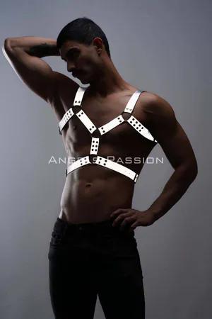 Silver reflective chest harness with O-rings and adjustable straps