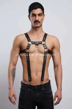 Black Faux Leather Chest Harness with O-Ring and Straps