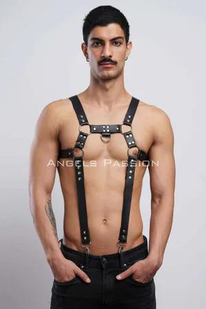 Black Faux Leather Chest Harness with O-Ring and Straps