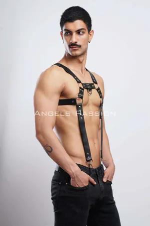 Black Faux Leather Chest Harness with O-Ring and Straps