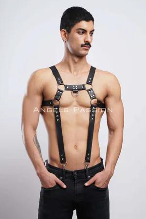 Black Faux Leather Chest Harness with O-Ring and Straps