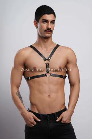 Black adjustable faux leather chest harness with silver O-rings