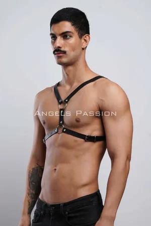 Black adjustable faux leather chest harness with silver O-rings