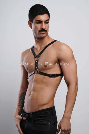 Black adjustable faux leather chest harness with silver O-rings