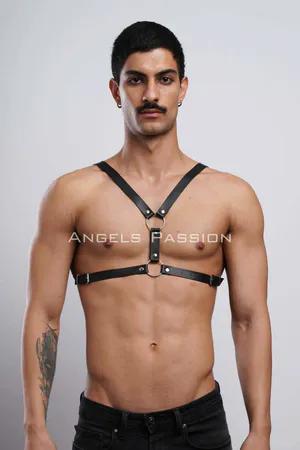 Black adjustable faux leather chest harness with silver O-rings
