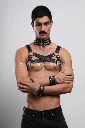 Black Faux Leather O-Ring Chest Harness with Collar Set