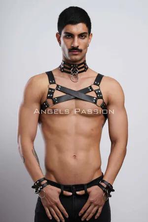 Black Faux Leather O-Ring Chest Harness with Collar Set