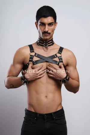Black Faux Leather O-Ring Chest Harness with Collar Set