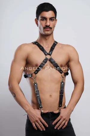 Black Faux Leather X-Back Body Harness Men Adjustable Straps D-Ring Hardware