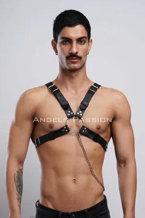 Black faux leather chest harness with adjustable straps and silver chain detail