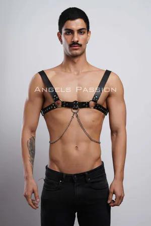 Black faux leather chest harness with O-rings and silver chain