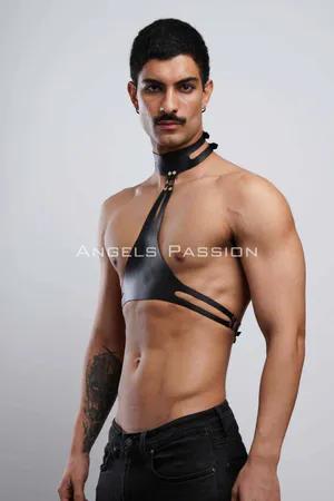 Black faux leather harness with adjustable O-ring collar and chest straps