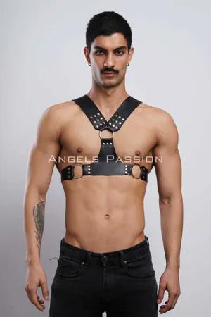 Black faux leather studded chest harness with O-ring detail