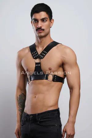 Black faux leather studded chest harness with O-ring detail