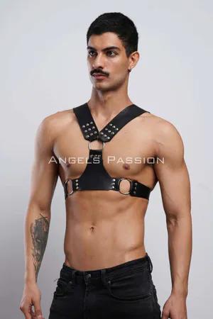 Black faux leather studded chest harness with O-ring detail