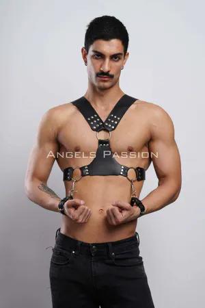 Black faux leather studded chest harness with detachable cuffs