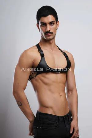 Black faux leather chest harness with adjustable straps and silver buckle closure