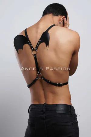 Black faux leather bat wing body harness with O-ring straps