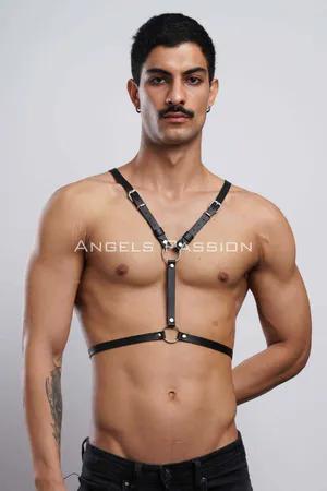 Black faux leather bat wing body harness with O-ring straps