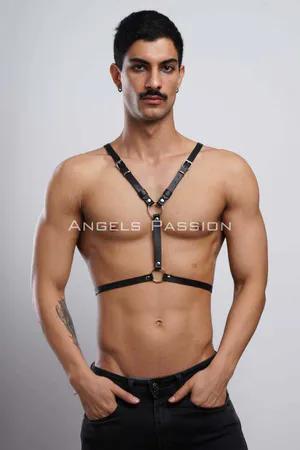 Black faux leather bat wing body harness with O-ring straps