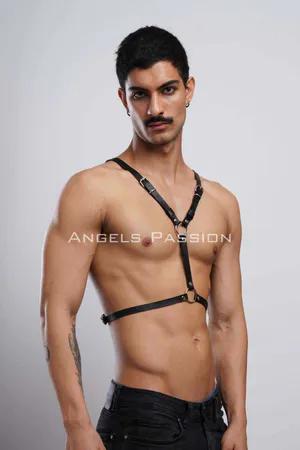 Black faux leather bat wing body harness with O-ring straps
